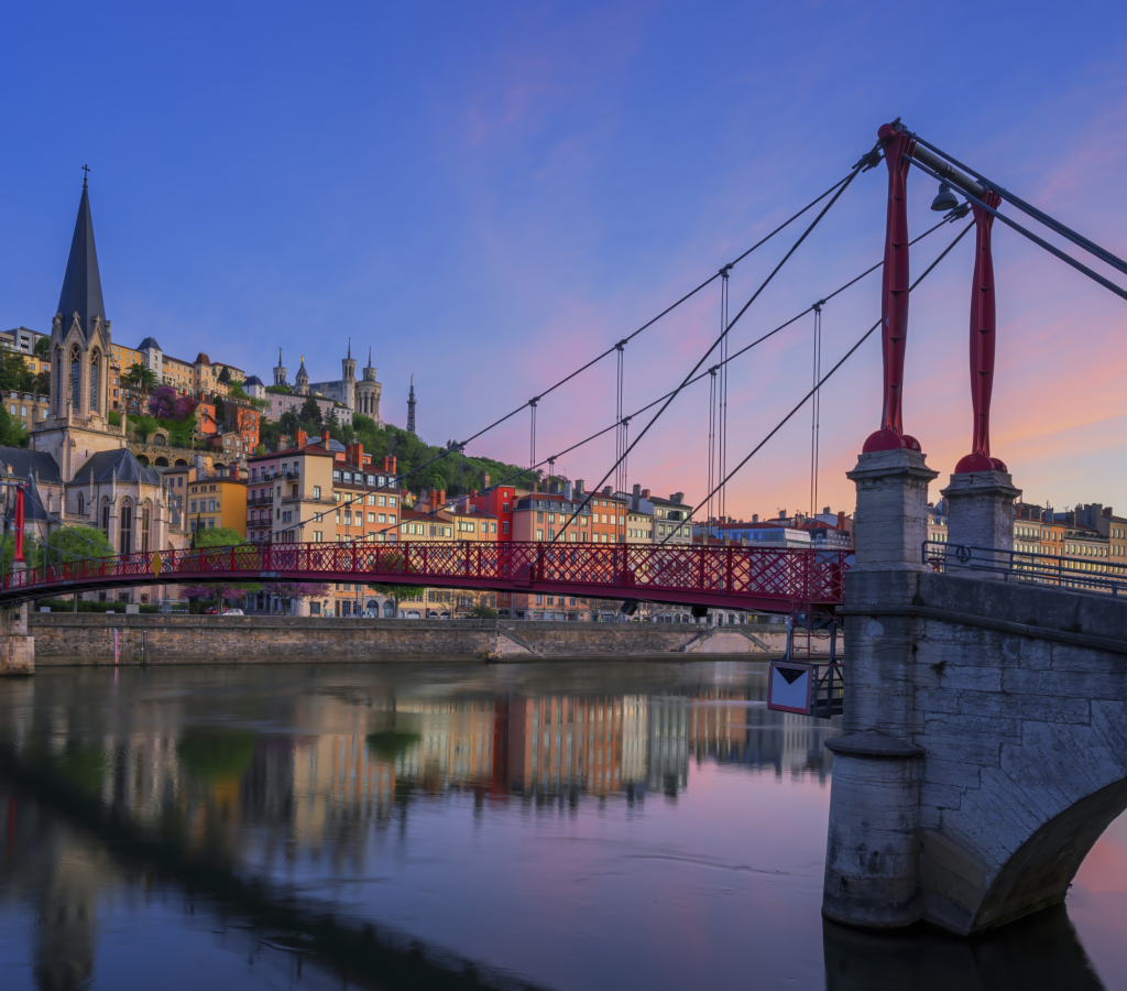 Famous red footbridge in the morning, Lyon, France